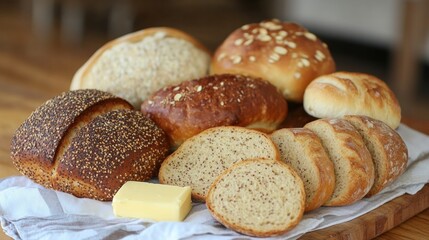A homely kitchen table filled with assorted breads, such as flatbreads, seeded loaf, and whole wheat rolls, with fresh butter nearby
