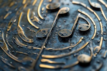 Musical notes formed by magnetic field patterns, overhead lighting, iron filing detail, with copy space