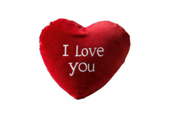 Plush Heart-Shaped Cushion with "I Love You" Text and Isolated Background with isolated on transparent background