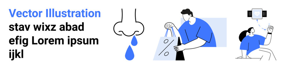 Person shopping with bags, another person resting with phone, nose sneezing. Ideal for e-commerce, health awareness, lifestyle blogs, digital marketing, relaxation apps, online shopping healthcare