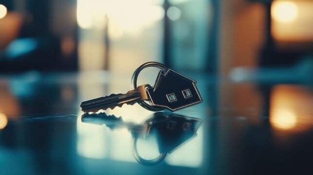 A keyring with a detailed house keychain leaning on a sleek, modern surface, evoking thoughts of mortgage loans and home financing