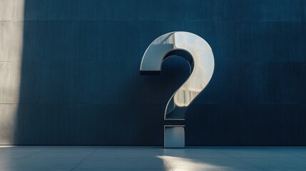 A large metallic question mark standing against a sleek dark blue wall with subtle light reflections, representing business support and problem-solving