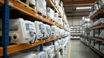 Fototapeta premium A large stock of ventilators and respirators in a spacious clinic warehouse, emphasizing readiness and health resource management