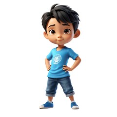 3d PNG Asian Boy Dancer cartoon with blue shirt a cute, white background