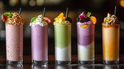 A lineup of gourmet milkshakes with exotic flavors like matcha, taro, and passion fruit, in tall, clear glasses with artistic presentations