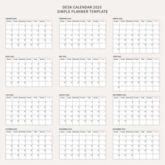 Desk calendar 2025 template with simple planner layout. Perfect for office, business, and personal use. vector illustration