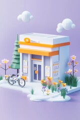 A 3D illustration of a small, minimalist store with a white facade, orange awning, and a bicycle parked in front.