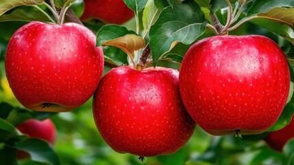 Obraz premium Fresh Red Apples Hanging on Tree Branch in Orchard Environment