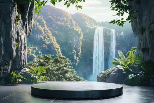 Modern Podium for Product Presentation with Mountain and Waterfall Background