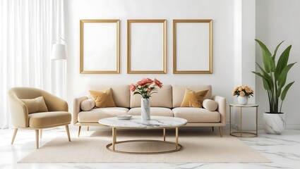 Obraz premium Mock up frame in trendy farmhouse interior and green plant on beige background design