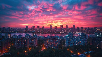 Obraz premium Aerial view of a city skyline from a rooftop at sunset, capturing the city lights and buildings against the colorful sky, urban environment, cinematic lighting