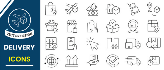 Delivery icons, vector set. Set of Delivery line icons. Supply chain, value chain, logistic, delivery,  Courier, Warehouse, Return Search Parcel, Fast Shipping manufacturing, icon for web design. 