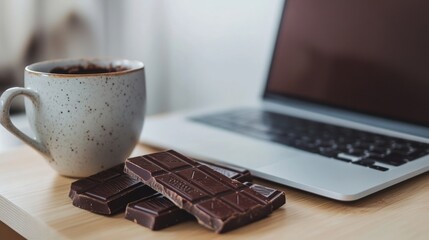 A minimalist desk featuring a premium chocolate bar, a sleek laptop, and a modern ceramic mug