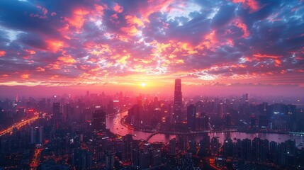 Fototapeta premium Aerial view of a city skyline from a rooftop at sunset, capturing the city lights and buildings against the colorful sky, urban environment, cinematic lighting