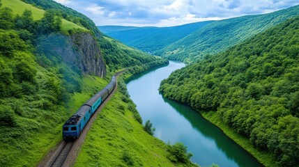 Fototapeta premium Scenic train journey along a serene river mountainous landscape nature photography aerial view tranquil exploration