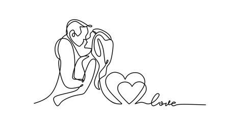 Draw one continuous line. Loving couple women on valentines day Vector illustration