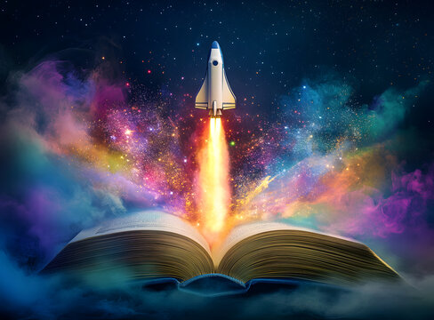 3D book open with a colorful rocket flying out of it, on a dark background, with colorful smoke around the books, high-resolution photography,