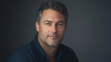 A modern headshot of a handsome man with striking features, captured in soft lighting against a sleek gray background