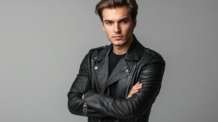 Obraz premium A modern portrait of a young man in a leather jacket, with his arms crossed, standing confidently against a soft gray gradient