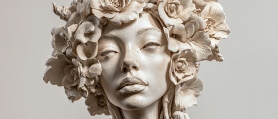 beautiful sculpture of a woman with floral elements
