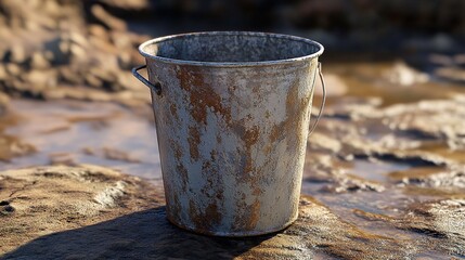 Rustic Metal Bucket on Rocks near Water