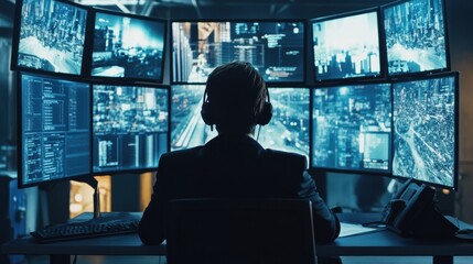 Fototapeta premium A modern security workstation with a focus on one individual monitoring multiple high-definition screens