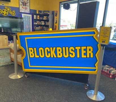 Bend, OR - October 6, 2024 - Sign inside of the last Blockbuster Video store location. Blockbuster was a video rental store chain that offered DVD, VHS and Video Game Rentals