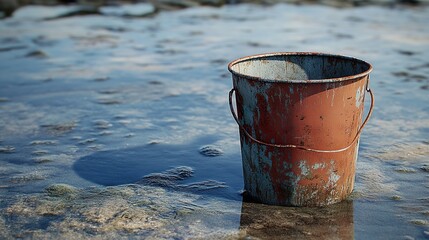 Naklejka premium Rusty Bucket on the Seashore: A Weathered Coastal Scene
