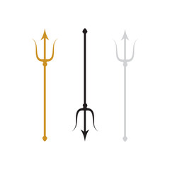 Set of Trident icons in gold, silver and black. Devil pitchfork collection isolated. Demon tridental spear. Flat and minimal vector illustration