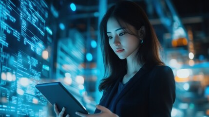 A professional Asian woman holding a tablet while observing real-time inventory updates in a tech-driven warehouse