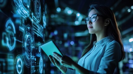 A professional Asian woman holding a tablet while observing real-time inventory updates in a tech-driven warehouse