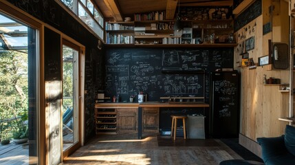 Artistic Workspace With Chalkboard Wall And Wooden Shelving