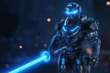 futuristic robot with glowing sword in a dark setting