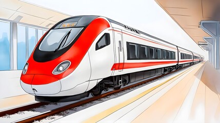 Obraz premium Modern High-Speed Train at Platform with Sleek Design and Vibrant Colors, Captured in a Stylized Illustration Evoking Travel and Adventure