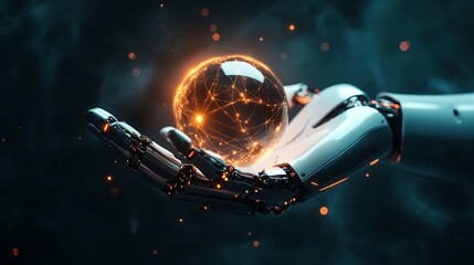 Robotic Hand Gently Holding a Glowing Orb of Network Connections