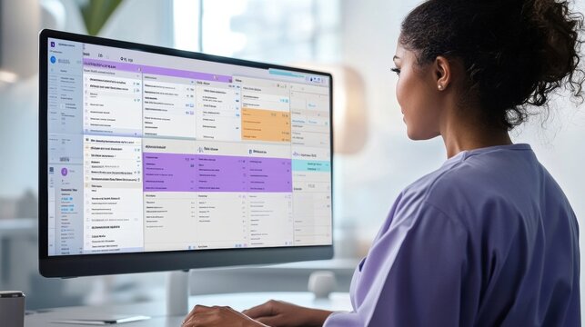 A professional nurse at a healthcare reception desk, reviewing appointment schedules on a digital screen