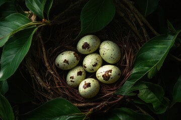 Nest of robin eggs in cherry tree, dappled sunlight through leaves, eggshell texture details, with copy space