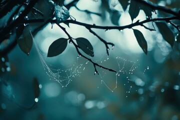 Raindrops on spider web between branches, overcast light, water droplet details, with copy space