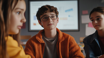 Realistic photo of a group of teenagers discussing positive online behavior in a school session