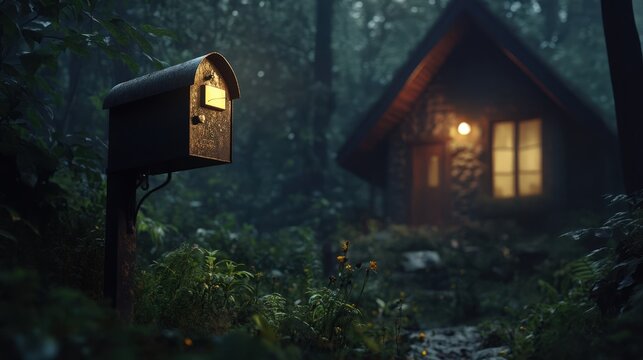 Mailbox stands near a forest cabin at night