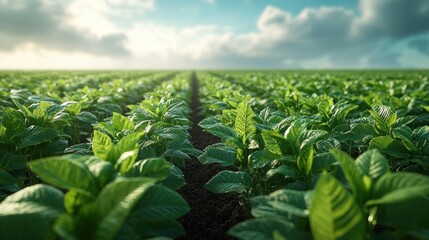 Lush green tobacco plants growing in rows under a partly cloudy sky.