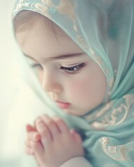 Fototapeta premium Innocence and Serenity: A Young Girl in Prayer, Captured in Soft Pastel Hues