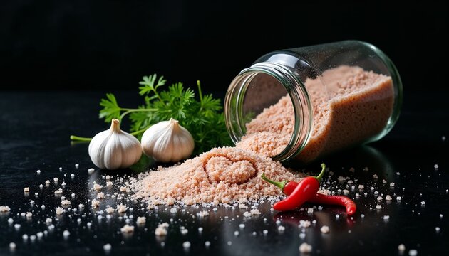 Lying on its side, a jar of pink Himalayan salt with chili peppers, garlic and fresh coriander on a dark background
- Powered by Adobe