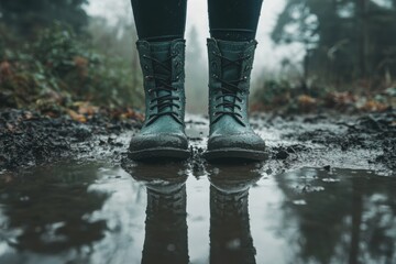 Spring boots in muddy puddle, overcast natural light, splash details, with copy space