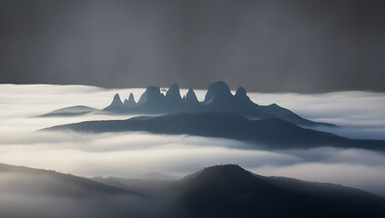 Fototapeta premium “Foggy Mountain Landscape on a Solid Background” – A misty mountain silhouette surrounded by layers of dense fog, presented on a solid gray background to evoke a serene and mysterious atmosphere. 