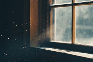 Spring cleaning with open windows, natural window light, dust particle details, with copy space