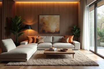Fototapeta premium Modern Cozy Living Room with Stylish Furniture and Natural Light
