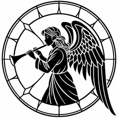 Naklejka premium Stained Glass Christmas Angel round sign Black silhouette