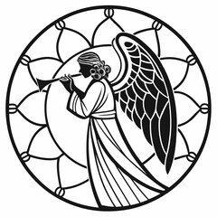 Stained Glass Christmas Angel round sign Black silhouette