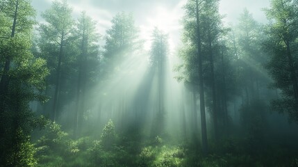 Obraz premium Sunbeams illuminate a path through a misty forest, dappling the bluebells with light.